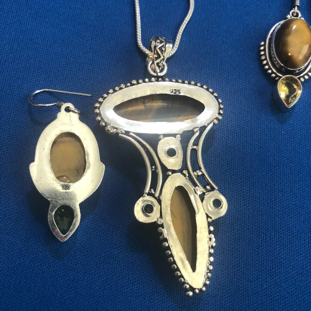 Tiger Eye-Citrine Gemstone 925 Stamped- Necklace + Earring Set. - Picture 4 of 6